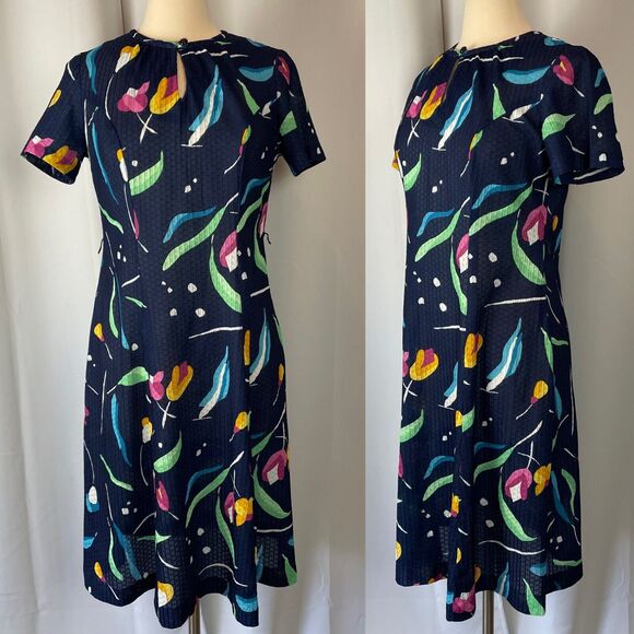 Vintage A Line Dress Womens Size Small Navy Blue Multi Color Retro Print 70s 80s - Picture 1 of 16